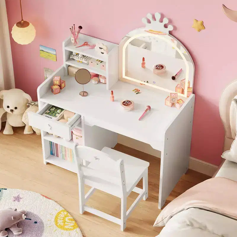 Coiffeuse enfant avec miroir lumineux, ensemble coiffeuse de princesse 2 en 1 pour tout-petits avec table et chaise, bibliothèque ouverte, armoire de rangement et étagères pour filles