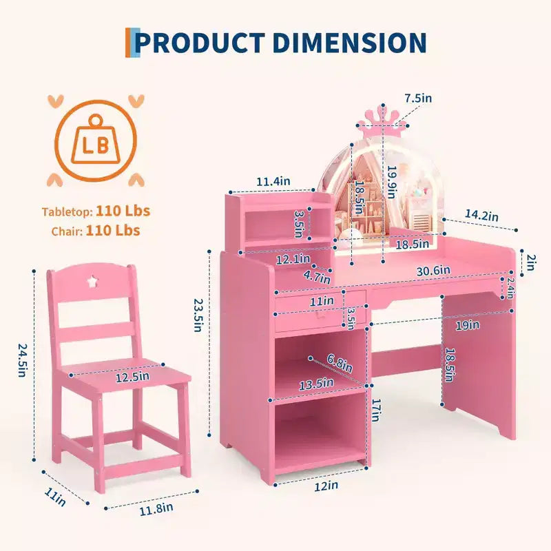 Coiffeuse enfant avec miroir lumineux, ensemble coiffeuse de princesse 2 en 1 pour tout-petits avec table et chaise, bibliothèque ouverte, armoire de rangement et étagères pour filles