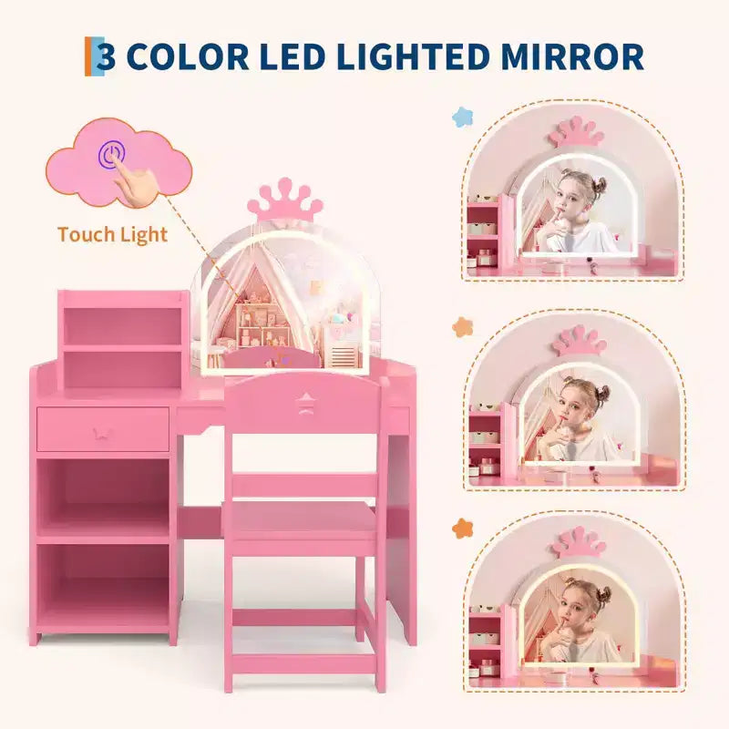 Coiffeuse enfant avec miroir lumineux, ensemble coiffeuse de princesse 2 en 1 pour tout-petits avec table et chaise, bibliothèque ouverte, armoire de rangement et étagères pour filles