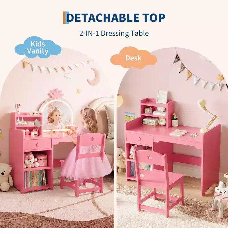 Coiffeuse enfant avec miroir lumineux, ensemble coiffeuse de princesse 2 en 1 pour tout-petits avec table et chaise, bibliothèque ouverte, armoire de rangement et étagères pour filles