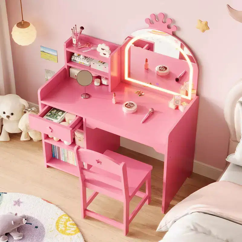 Coiffeuse enfant avec miroir lumineux, ensemble coiffeuse de princesse 2 en 1 pour tout-petits avec table et chaise, bibliothèque ouverte, armoire de rangement et étagères pour filles