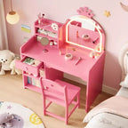 Coiffeuse enfant avec miroir lumineux, ensemble coiffeuse de princesse 2 en 1 pour tout-petits avec table et chaise, bibliothèque ouverte, armoire de rangement et étagères pour filles