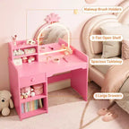 Coiffeuse enfant avec miroir lumineux, ensemble coiffeuse de princesse 2 en 1 pour tout-petits avec table et chaise, bibliothèque ouverte, armoire de rangement et étagères pour filles