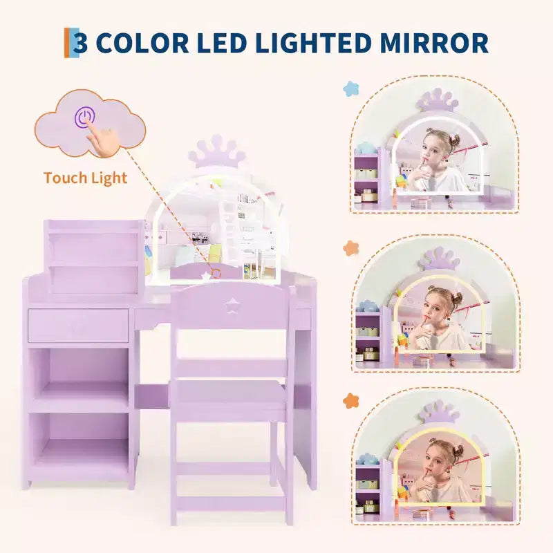 Coiffeuse enfant avec miroir lumineux, ensemble coiffeuse de princesse 2 en 1 pour tout-petits avec table et chaise, bibliothèque ouverte, armoire de rangement et étagères pour filles