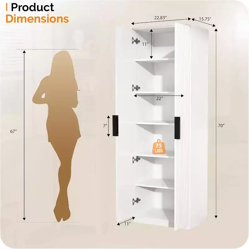 VINGLI 70 Armoire de cuisine moderne avec portes cannelées, 5 étagères réglables, solution de rangement haute
