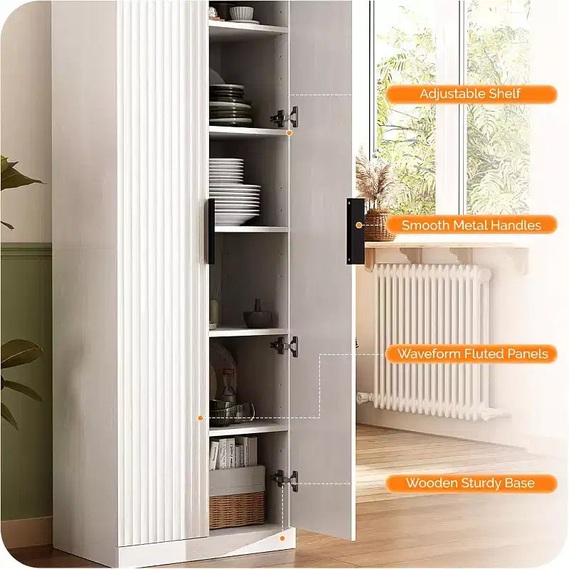VINGLI 70 Armoire de cuisine moderne avec portes cannelées, 5 étagères réglables, solution de rangement haute