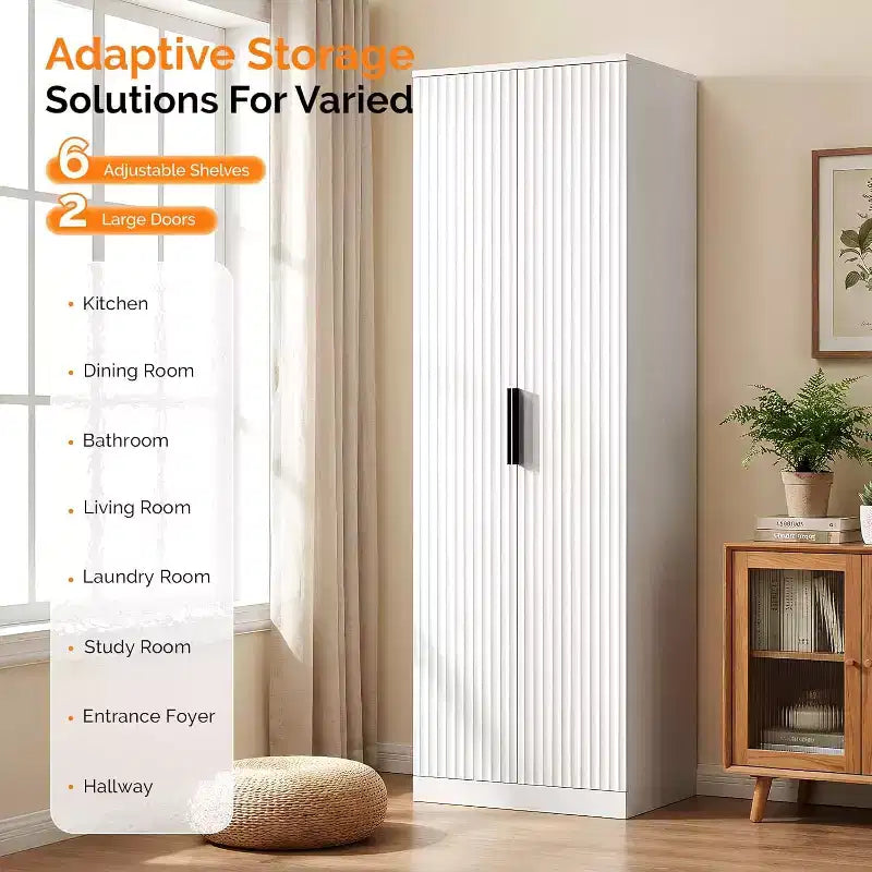 VINGLI 70 Armoire de cuisine moderne avec portes cannelées, 5 étagères réglables, solution de rangement haute