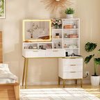COZONY Fluted Vanity Desk with Mirror, Makeup Vanity with 5 Drawers & Shelves, Modern Dressing Table for Bedroom
