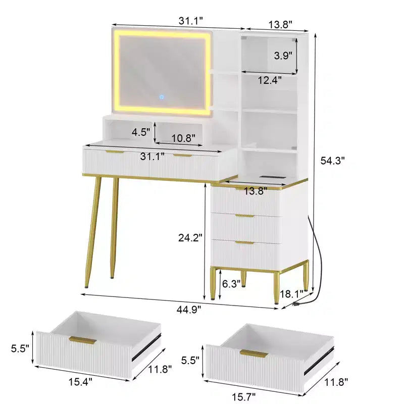 Coiffeuse cannelée COZONY avec miroir, coiffeuse avec 5 tiroirs et étagères, table de maquillage moderne pour chambre à coucher
