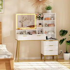 Coiffeuse cannelée COZONY avec miroir, coiffeuse avec 5 tiroirs et étagères, table de maquillage moderne pour chambre à coucher