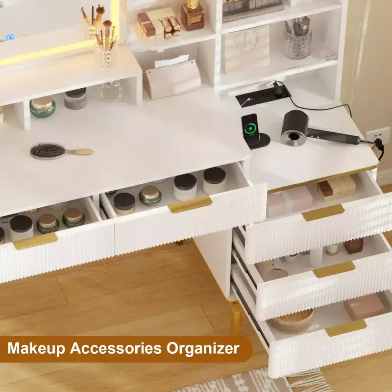 Coiffeuse cannelée COZONY avec miroir, coiffeuse avec 5 tiroirs et étagères, table de maquillage moderne pour chambre à coucher