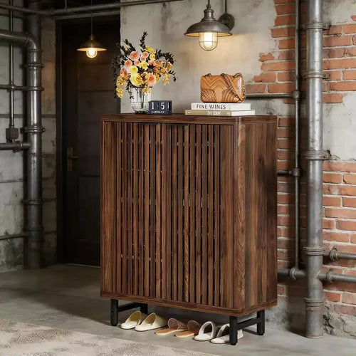 Meuble à chaussures 6 niveaux en bois avec portes persiennes et étagères réglables