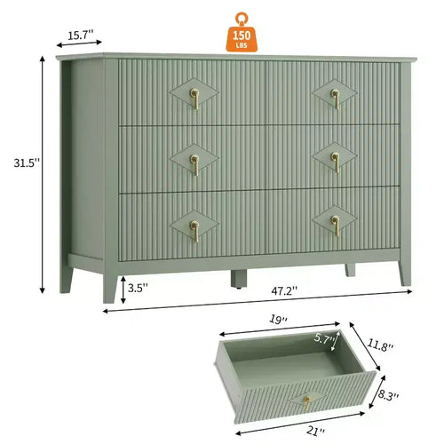 Commode à 6 tiroirs de 48 de large, commode moderne avec poignées métalliques pour chambre à coucher, verte