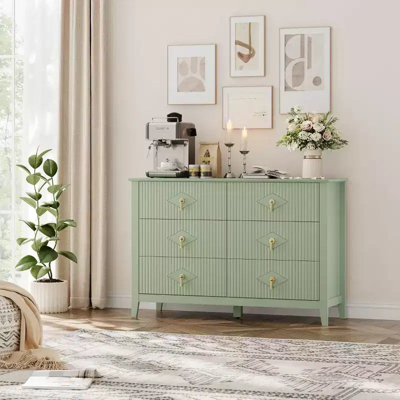 Commode à 6 tiroirs de 48 de large, commode moderne avec poignées métalliques pour chambre à coucher, verte