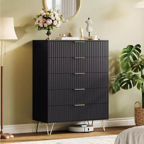 5-Drawer Fluted Dresser, Tall Wave Pattern Vertical Organizer for Bedroom, Black