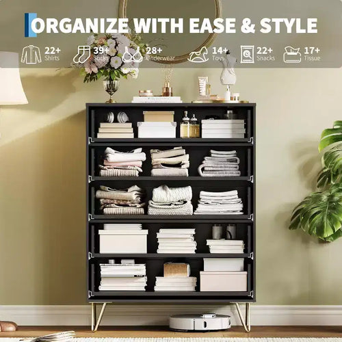Commode haute à 5 tiroirs cannelés, organisateur vertical à motif vague pour chambre à coucher, noir