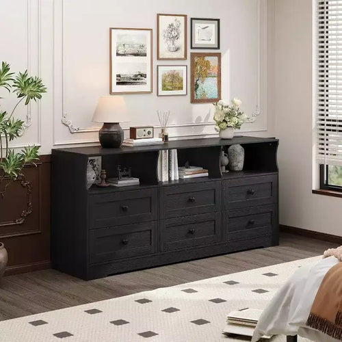 6-Drawer Slim Dresser, with Open Shelf for Bedroom Nursery & Closet, Black