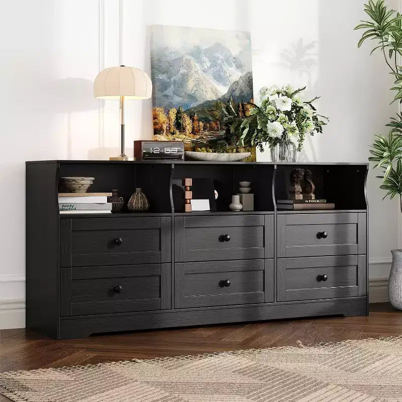 Commode étroite 6 tiroirs avec étagère ouverte pour chambre de bébé et placard, noir