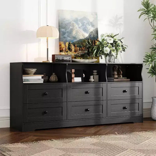 Commode étroite 6 tiroirs avec étagère ouverte pour chambre de bébé et placard, noir