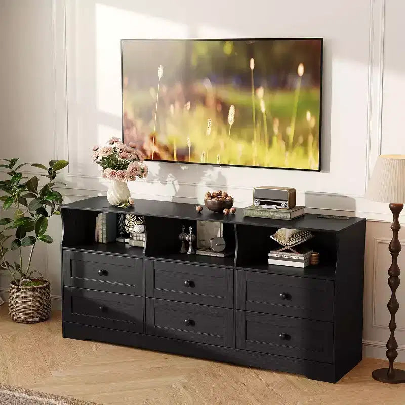 Commode étroite 6 tiroirs avec étagère ouverte pour chambre de bébé et placard, noir