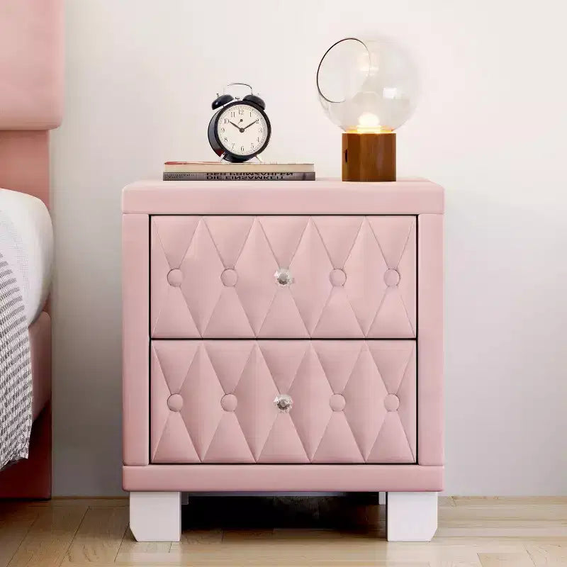 Table de chevet élégante en velours avec 2 tiroirs, table de chevet capitonnée avec poignées en cristal pour chambre ou salon - Panipeachy