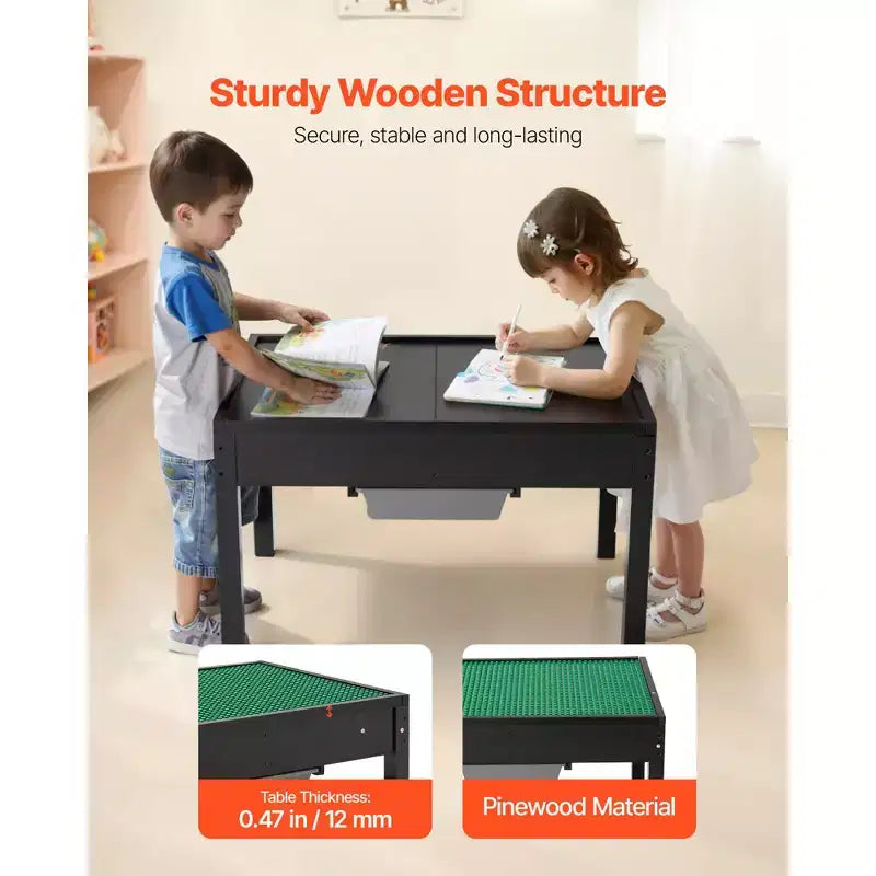 Table d'activités en bois VEVOR pour enfants, plateau double face pour blocs de construction, table de jeu multi-usage avec 2 bacs de rangement pour enfants de 3 ans et plus, noire
