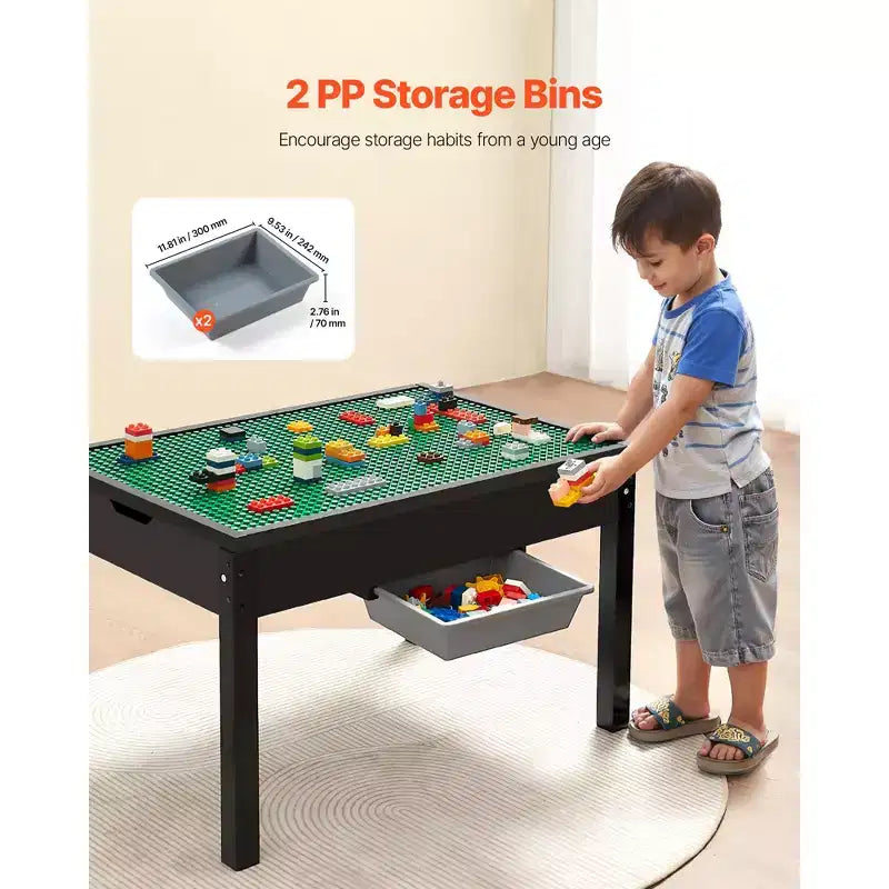 Table d'activités en bois VEVOR pour enfants, plateau double face pour blocs de construction, table de jeu multi-usage avec 2 bacs de rangement pour enfants de 3 ans et plus, noire