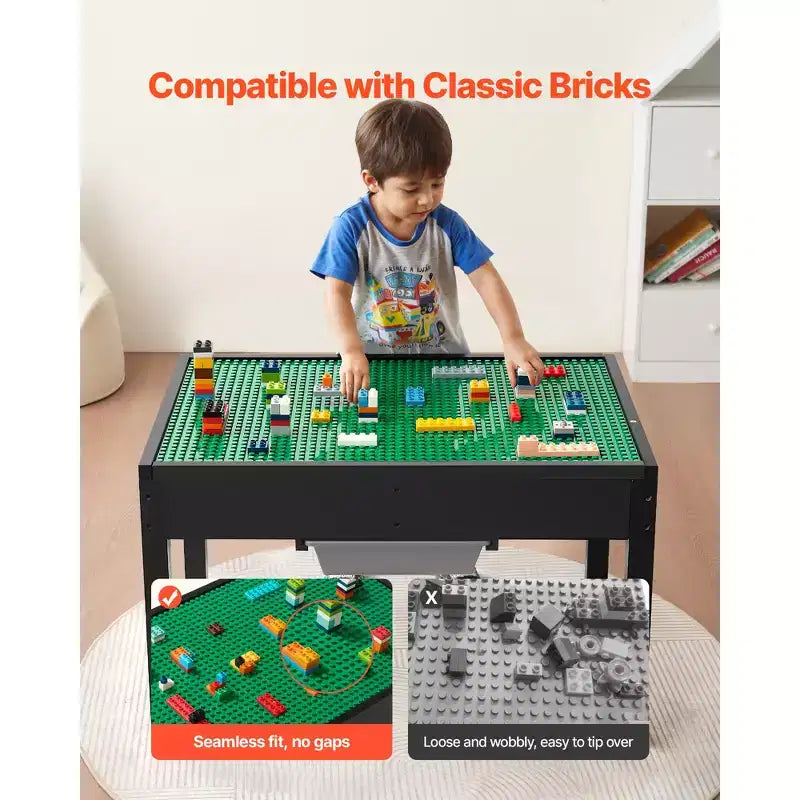Table d'activités en bois VEVOR pour enfants, plateau double face pour blocs de construction, table de jeu multi-usage avec 2 bacs de rangement pour enfants de 3 ans et plus, noire