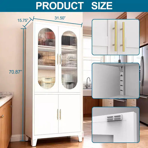 Meuble de salle de bain autoportant de 70 pouces, meuble de rangement haut avec portes en verre trempé dépoli, étagères réglables, rangement pour articles de toilette pour salon