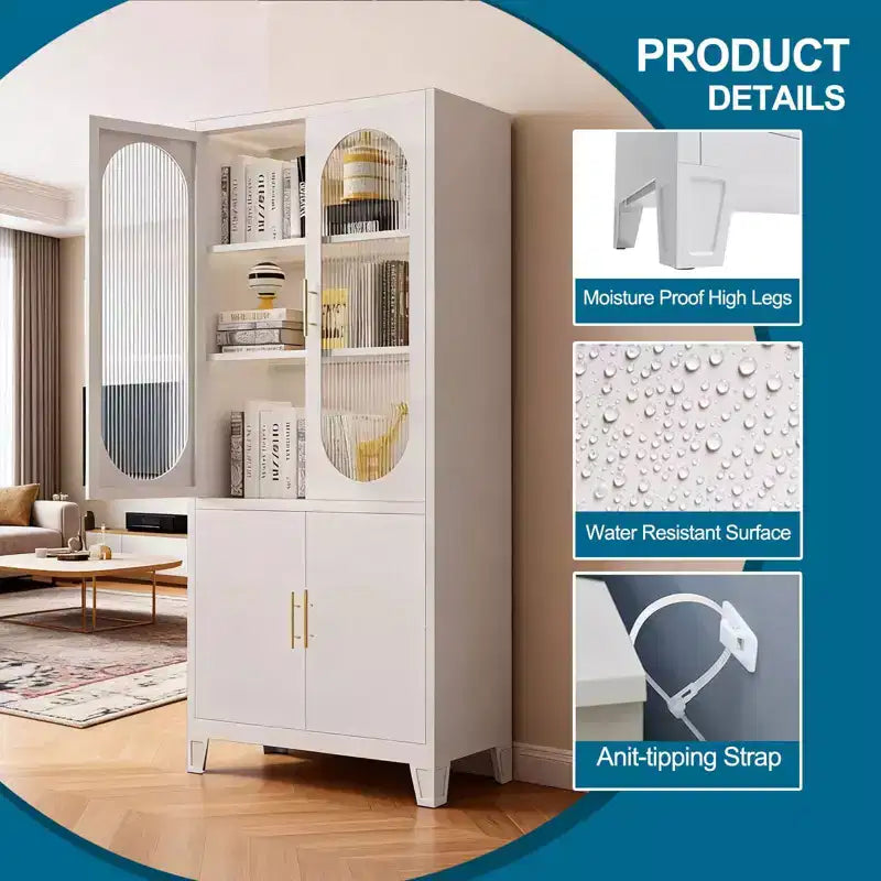 Meuble de salle de bain autoportant de 70 pouces, meuble de rangement haut avec portes en verre trempé dépoli, étagères réglables, rangement pour articles de toilette pour salon