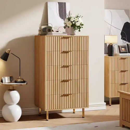 Commode à 5 tiroirs, commode moderne avec tiroirs profonds et plateau large, commode de rangement en bois cannelé pour salon, couloir