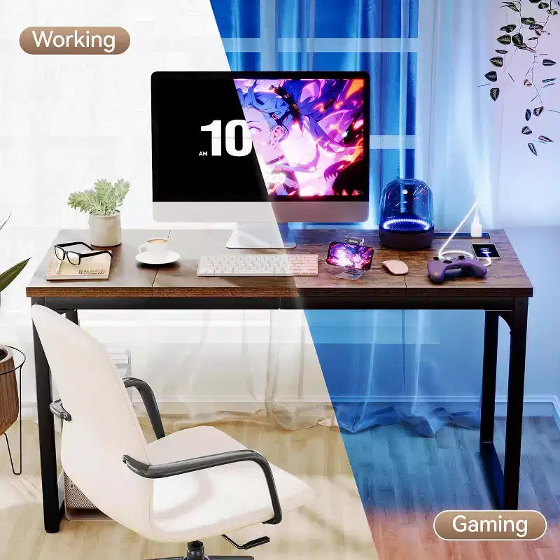 Dyonery Bureau informatique avec prises électriques, plateau de 3 cm d'épaisseur pour le bureau à domicile, jeux, écriture, travail pour le bureau à domicile, marron rustique
