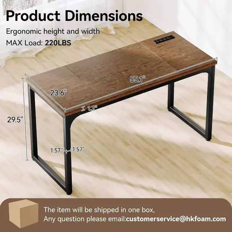 Dyonery Bureau informatique avec prises électriques, plateau de 3 cm d'épaisseur pour le bureau à domicile, jeux, écriture, travail pour le bureau à domicile, marron rustique