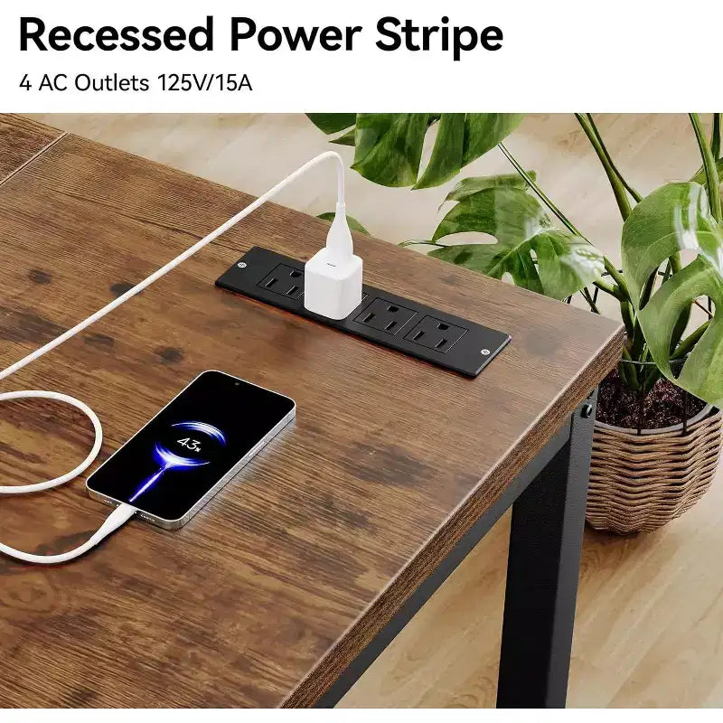Dyonery Bureau informatique avec prises électriques, plateau de 3 cm d'épaisseur pour le bureau à domicile, jeux, écriture, travail pour le bureau à domicile, marron rustique