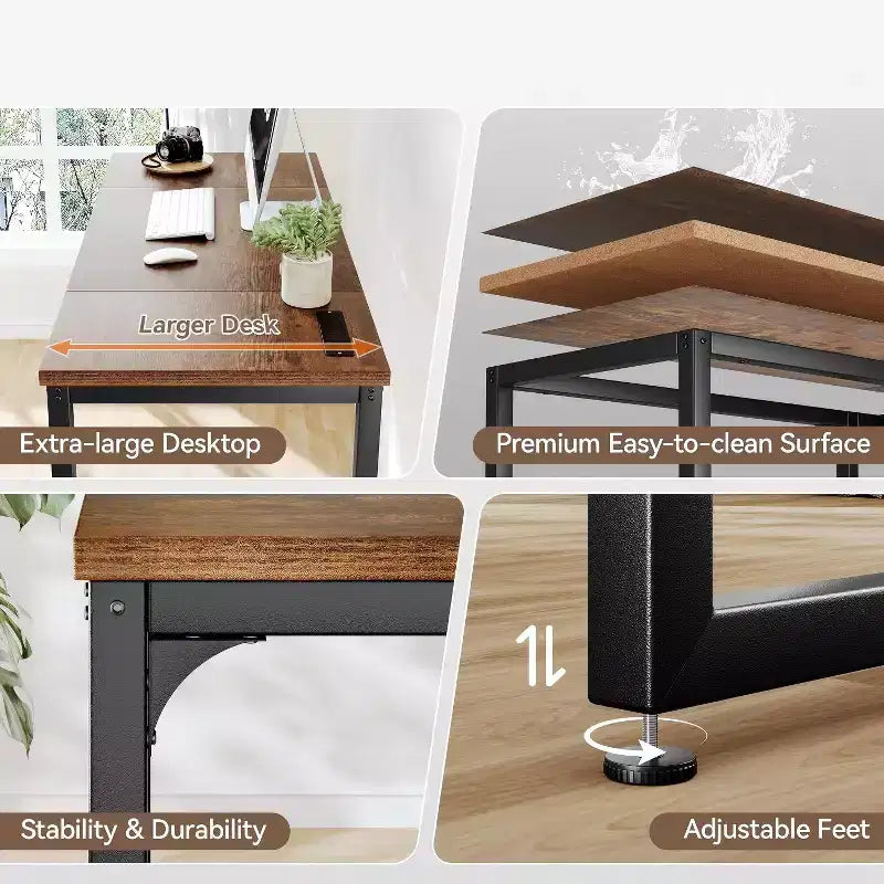 Dyonery Bureau informatique avec prises électriques, plateau de 3 cm d'épaisseur pour le bureau à domicile, jeux, écriture, travail pour le bureau à domicile, marron rustique