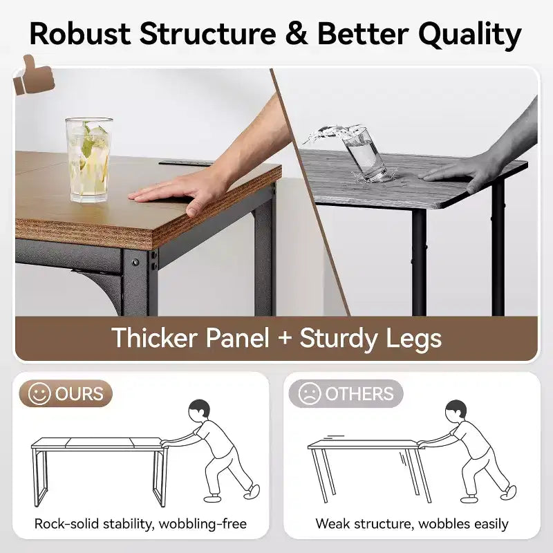 Dyonery Bureau informatique avec prises électriques, plateau de 3 cm d'épaisseur pour le bureau à domicile, jeux, écriture, travail pour le bureau à domicile, marron rustique