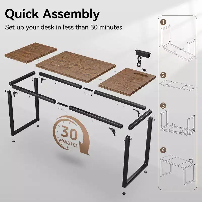 Dyonery Bureau informatique avec prises électriques, plateau de 3 cm d'épaisseur pour le bureau à domicile, jeux, écriture, travail pour le bureau à domicile, marron rustique