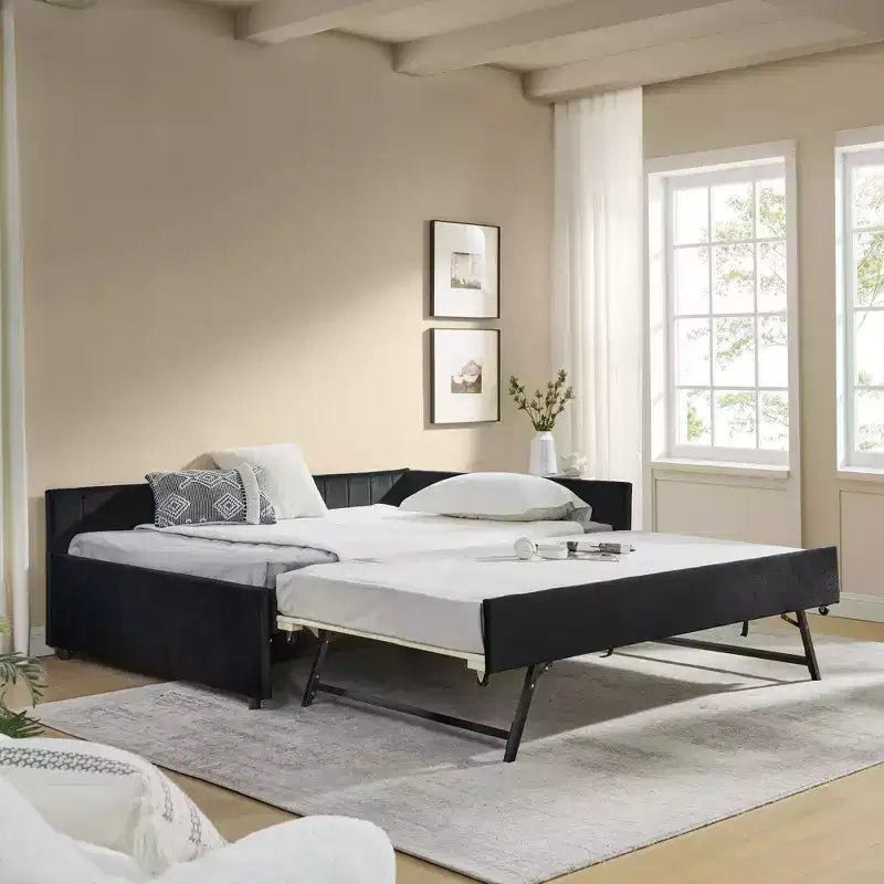 Bellemave Lit de repos double capitonné avec lit gigogne, cadre de canapé-lit avec dossier et accoudoirs confortables, noir.