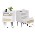 Nightstands Set of 2, TruAIR Rattan Beside Table with Drawer & Charging Station, White Wood End Table