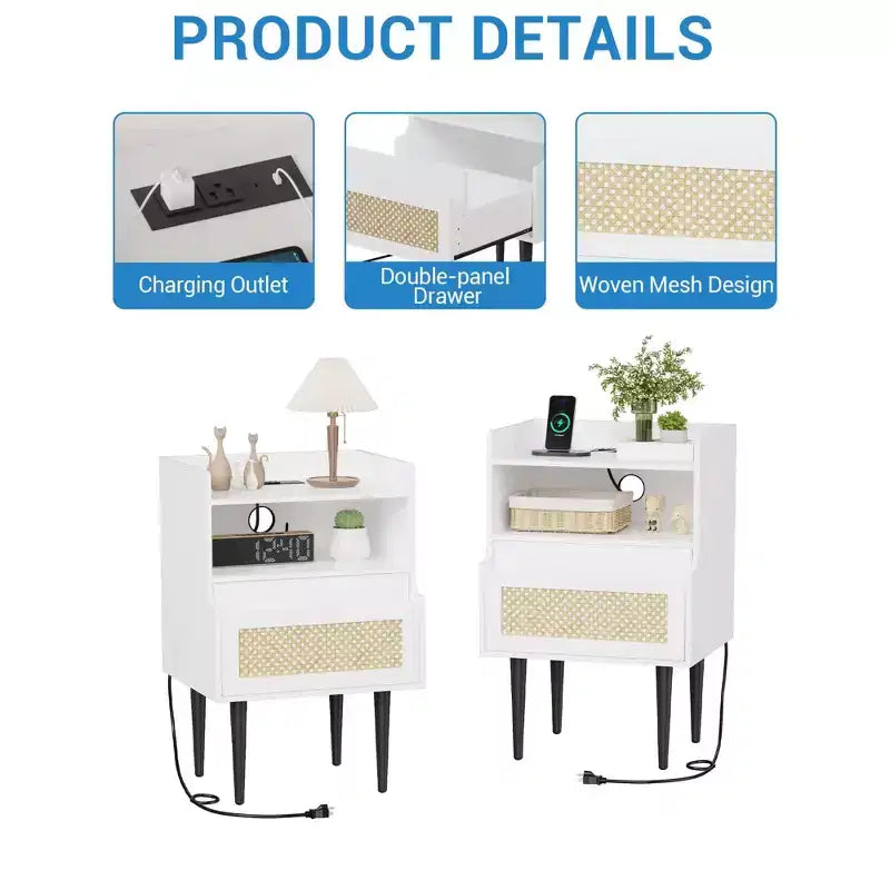Tables de chevet lot de 2, table de chevet TruAIR en rotin avec tiroir et station de charge, table d'appoint blanche en bois