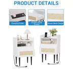 Tables de chevet lot de 2, table de chevet TruAIR en rotin avec tiroir et station de charge, table d'appoint blanche en bois