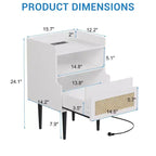 Tables de chevet lot de 2, table de chevet TruAIR en rotin avec tiroir et station de charge, table d'appoint blanche en bois