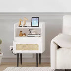 Tables de chevet lot de 2, table de chevet TruAIR en rotin avec tiroir et station de charge, table d'appoint blanche en bois