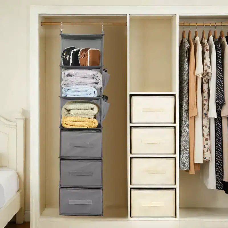 Organisateur de Placard Suspendu à 6 Étagères avec 3 Tiroirs Pliables, Rangement de Placard en Tissu Non Tissé avec Crochets en Métal et Bandes de Support en Bambou, Beige 30x30x120 cm
