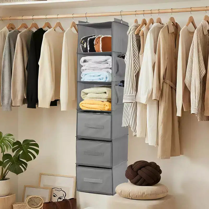 Organisateur de Placard Suspendu à 6 Étagères avec 3 Tiroirs Pliables, Rangement de Placard en Tissu Non Tissé avec Crochets en Métal et Bandes de Support en Bambou, Beige 30x30x120 cm