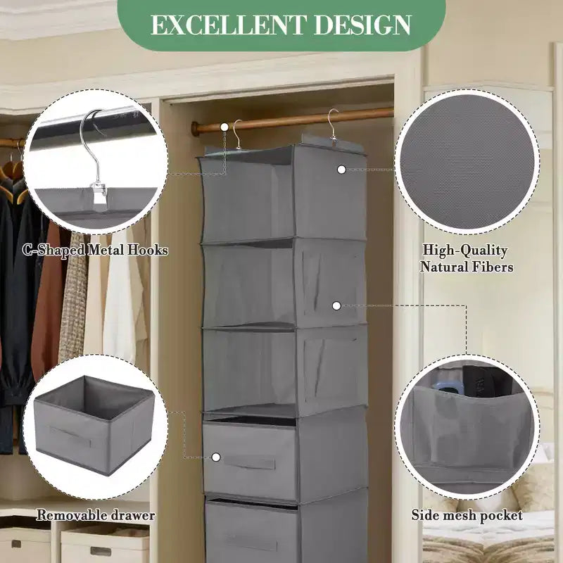 Organisateur de Placard Suspendu à 6 Étagères avec 3 Tiroirs Pliables, Rangement de Placard en Tissu Non Tissé avec Crochets en Métal et Bandes de Support en Bambou, Beige 30x30x120 cm