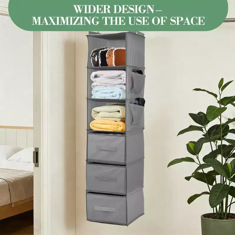 Organisateur de Placard Suspendu à 6 Étagères avec 3 Tiroirs Pliables, Rangement de Placard en Tissu Non Tissé avec Crochets en Métal et Bandes de Support en Bambou, Beige 30x30x120 cm