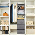 Organisateur de Placard Suspendu à 6 Étagères avec 3 Tiroirs Pliables, Rangement de Placard en Tissu Non Tissé avec Crochets en Métal et Bandes de Support en Bambou, Beige 30x30x120 cm