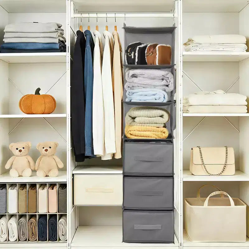 Organisateur de Placard Suspendu à 6 Étagères avec 3 Tiroirs Pliables, Rangement de Placard en Tissu Non Tissé avec Crochets en Métal et Bandes de Support en Bambou, Beige 30x30x120 cm