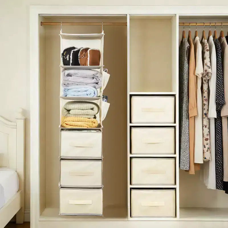 Organisateur de Placard Suspendu à 6 Étagères avec 3 Tiroirs Pliables, Rangement de Placard en Tissu Non Tissé avec Crochets en Métal et Bandes de Support en Bambou, Beige 30x30x120 cm